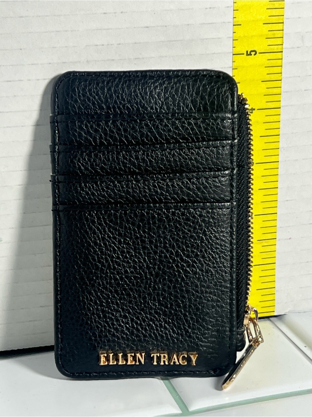Ellen Tracy Black Leather Card Wallet with Gold Zipper Accent